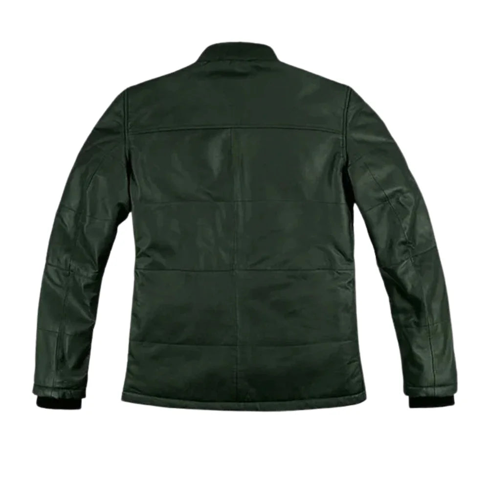 Men’s Dark Green Snap-Tab Collar Leather Jacket