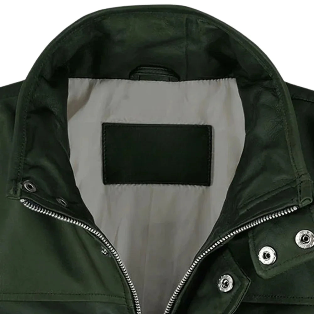 Men’s Dark Green Snap-Tab Collar Leather Jacket
