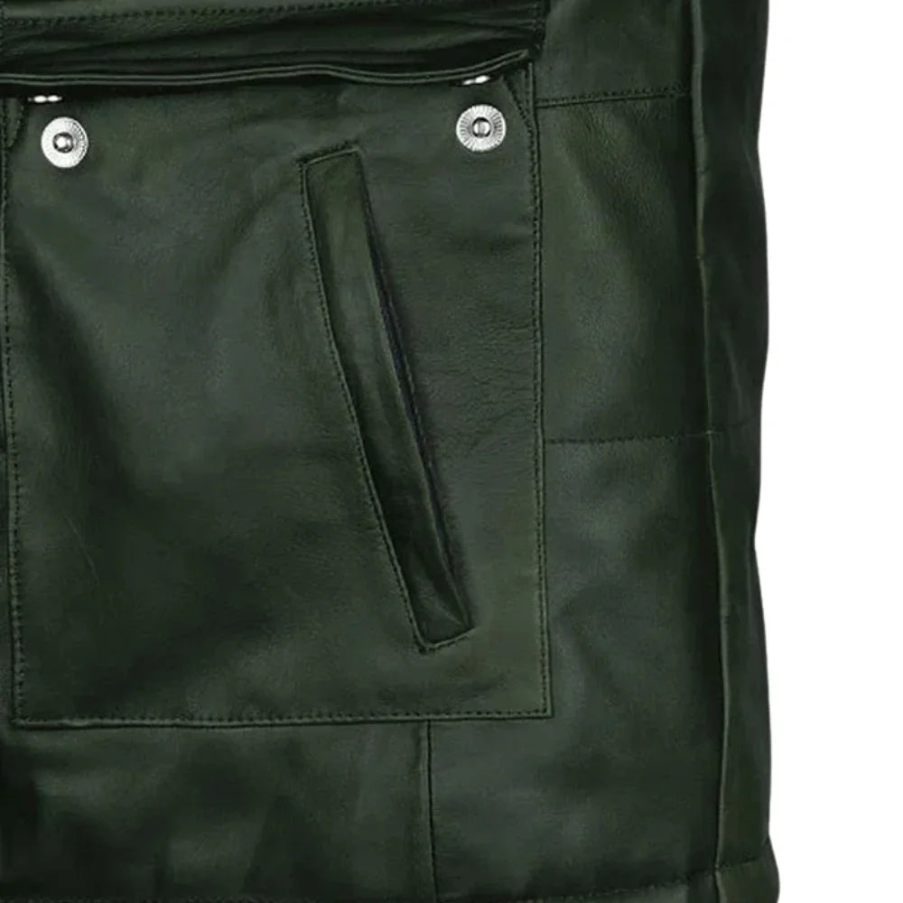 Men’s Dark Green Snap-Tab Collar Leather Jacket