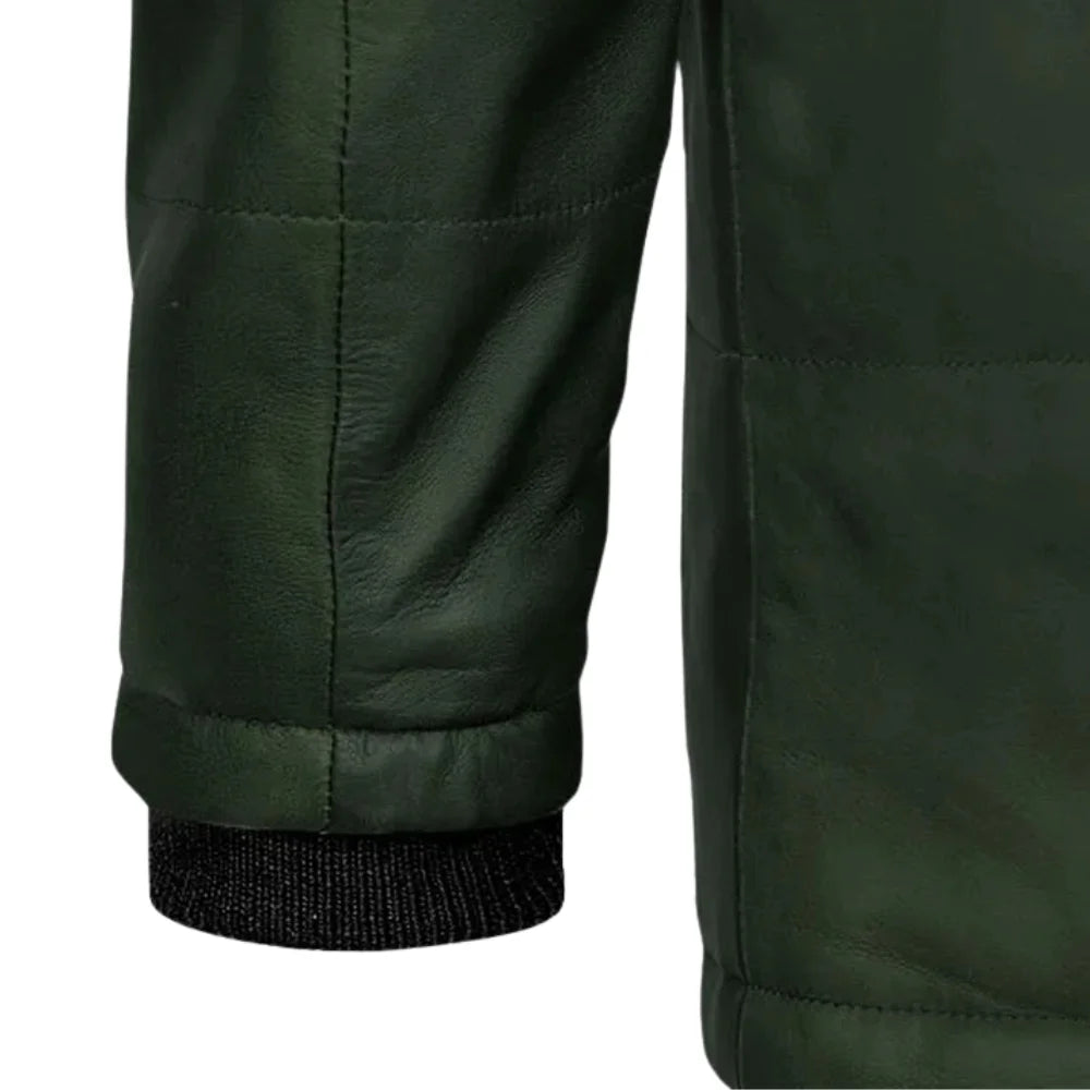 Men’s Dark Green Snap-Tab Collar Leather Jacket