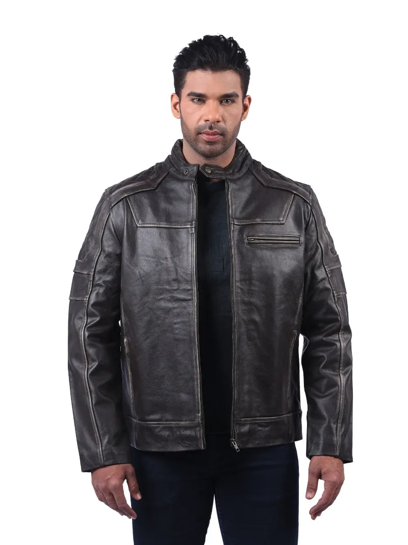 Men’s Dark Grey Leather Jacket with Zip Chest Pocket Front 