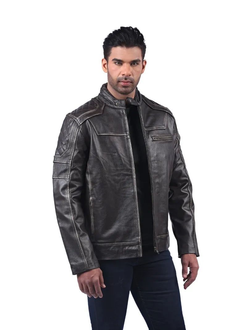 Men’s Dark Grey Leather Jacket with Zip Chest Pocket Full