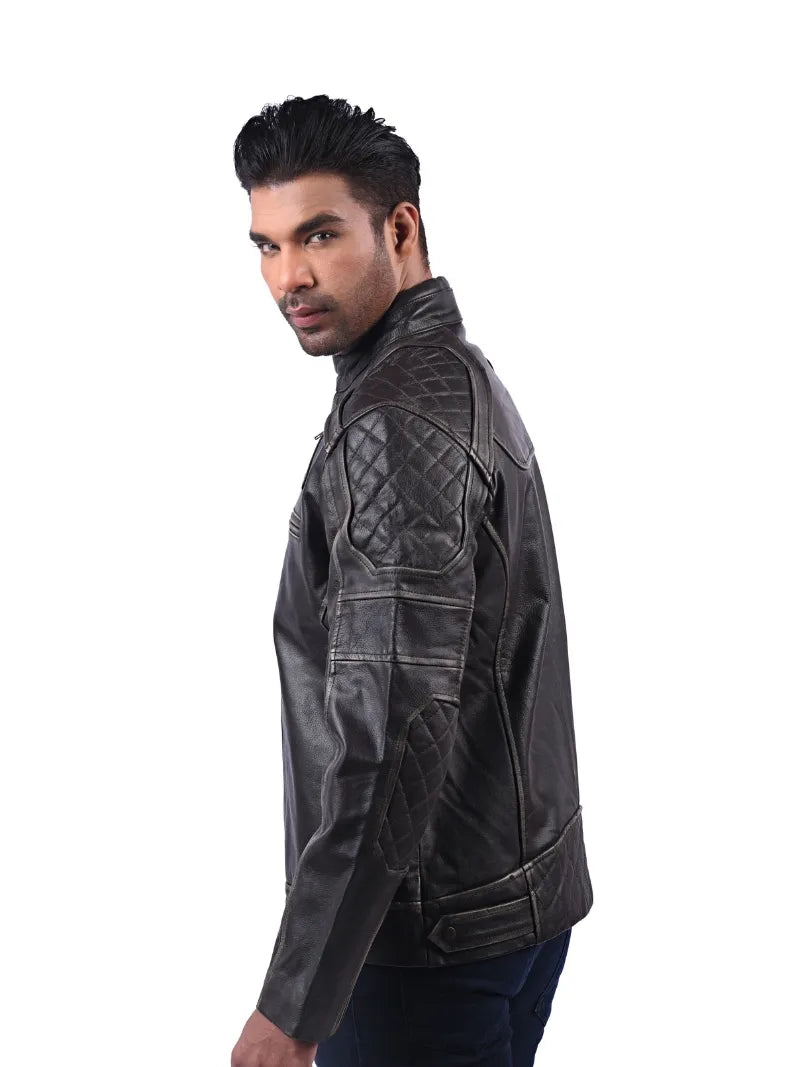 Men’s Dark Grey Leather Jacket with Zip Chest Pocket Left 