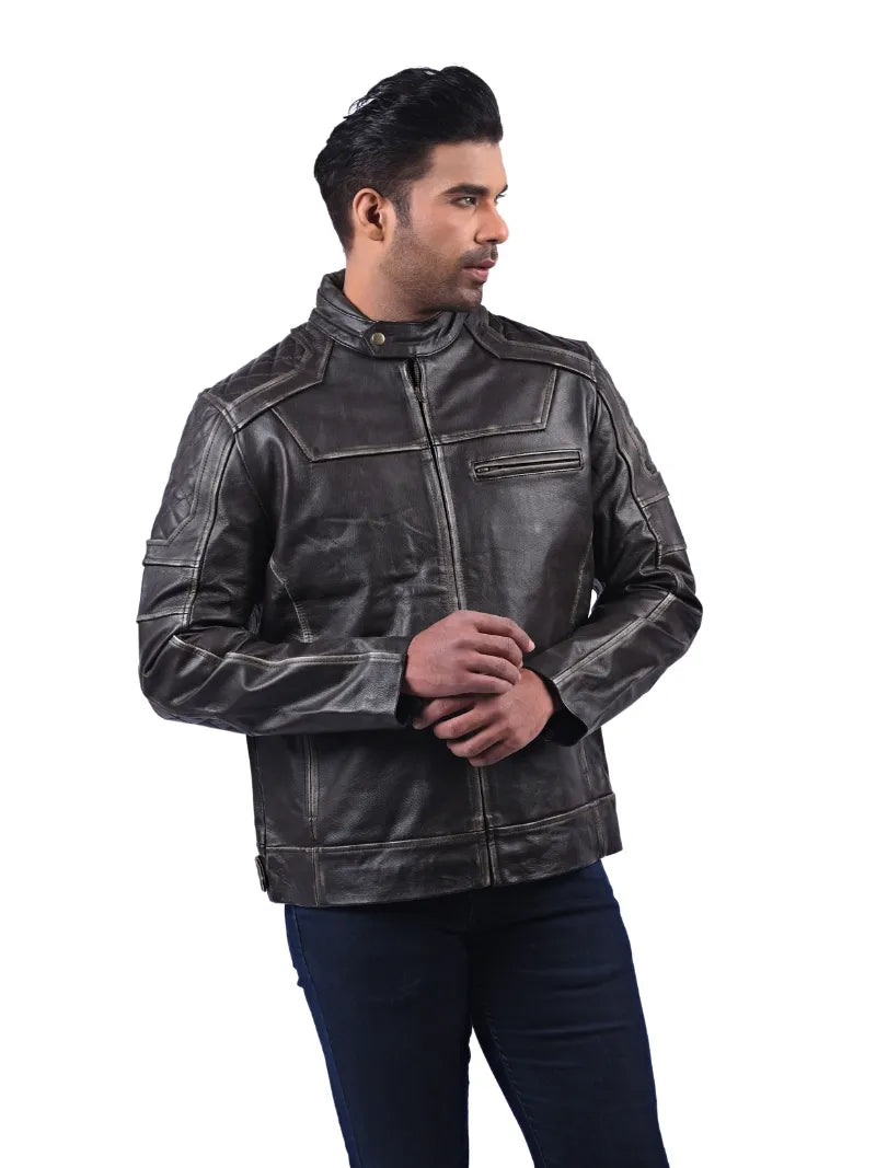 Men’s Dark Grey Leather Jacket with Zip Chest Pocket Right 