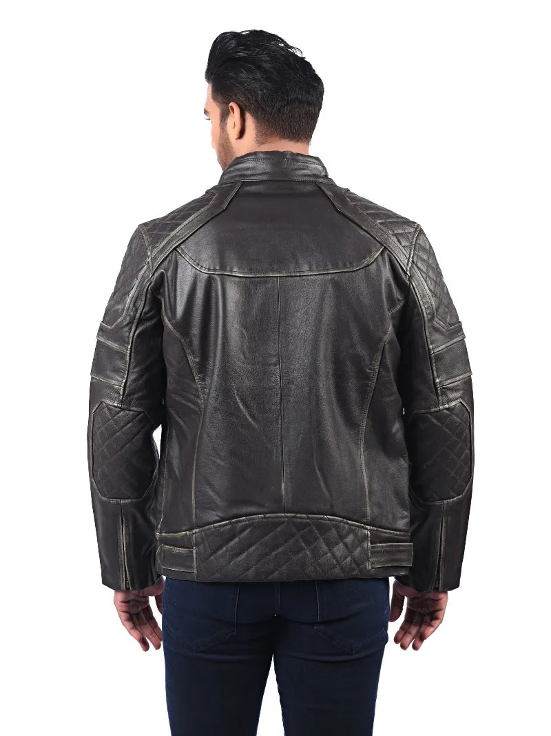 Men’s Dark Grey Leather Jacket with Zip Chest Pocket Back 