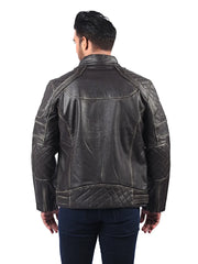 Men’s Dark Grey Leather Jacket with Zip Chest Pocket Back 
