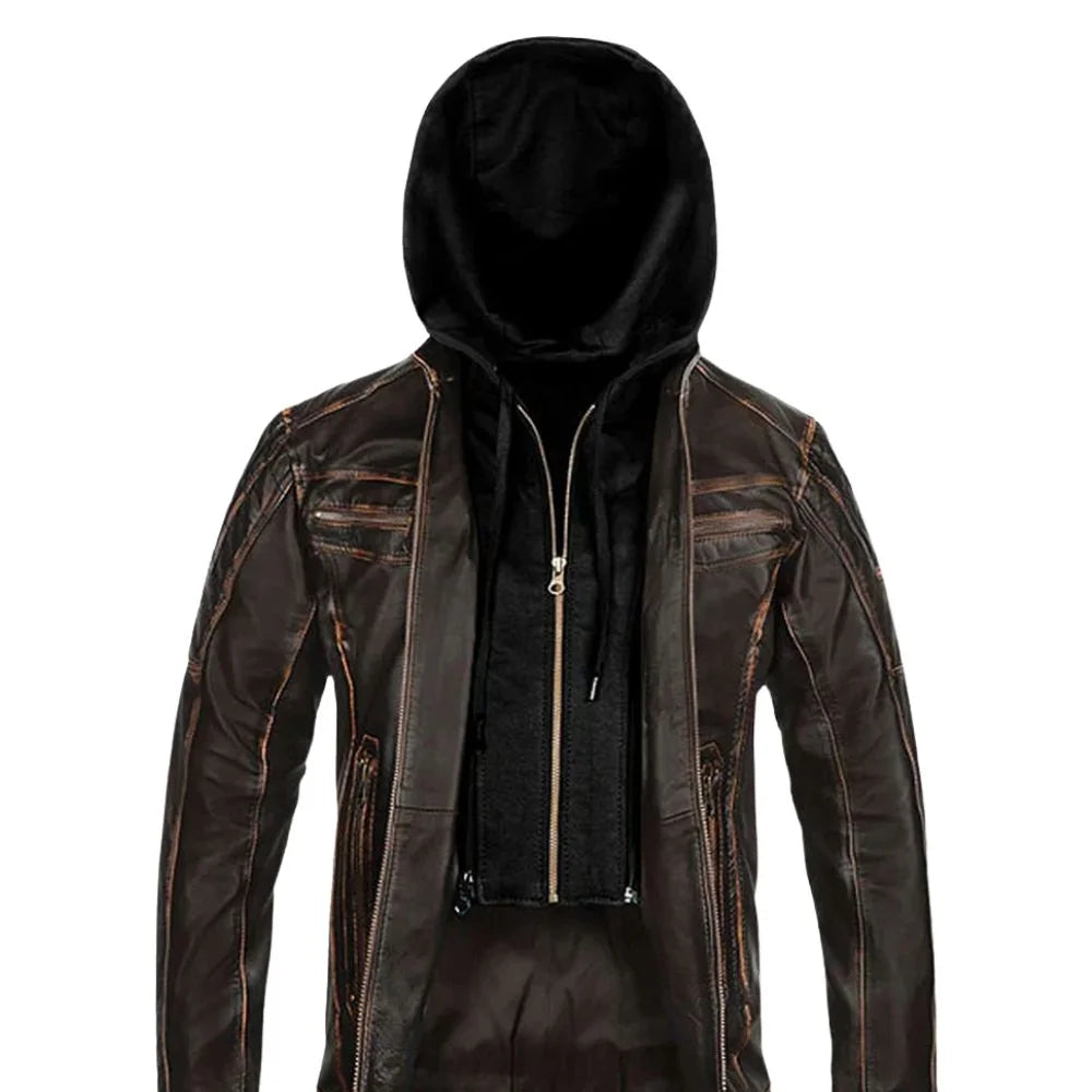 Men’s Brown Hooded Leather Jacket