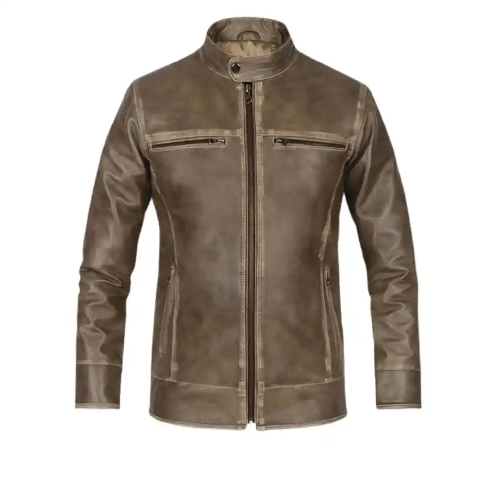 Men’s Brown Leather Jacket with Snap Collar