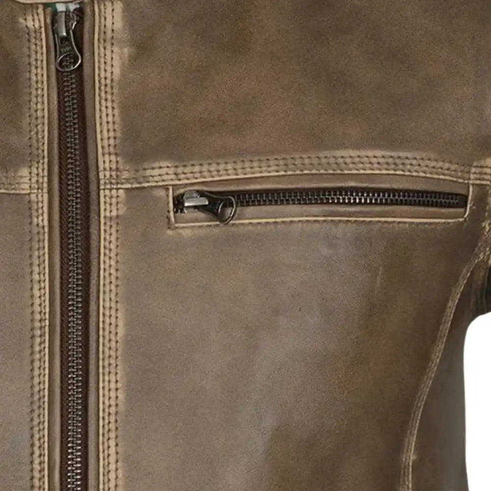 Men’s Brown Leather Jacket with Snap Collar