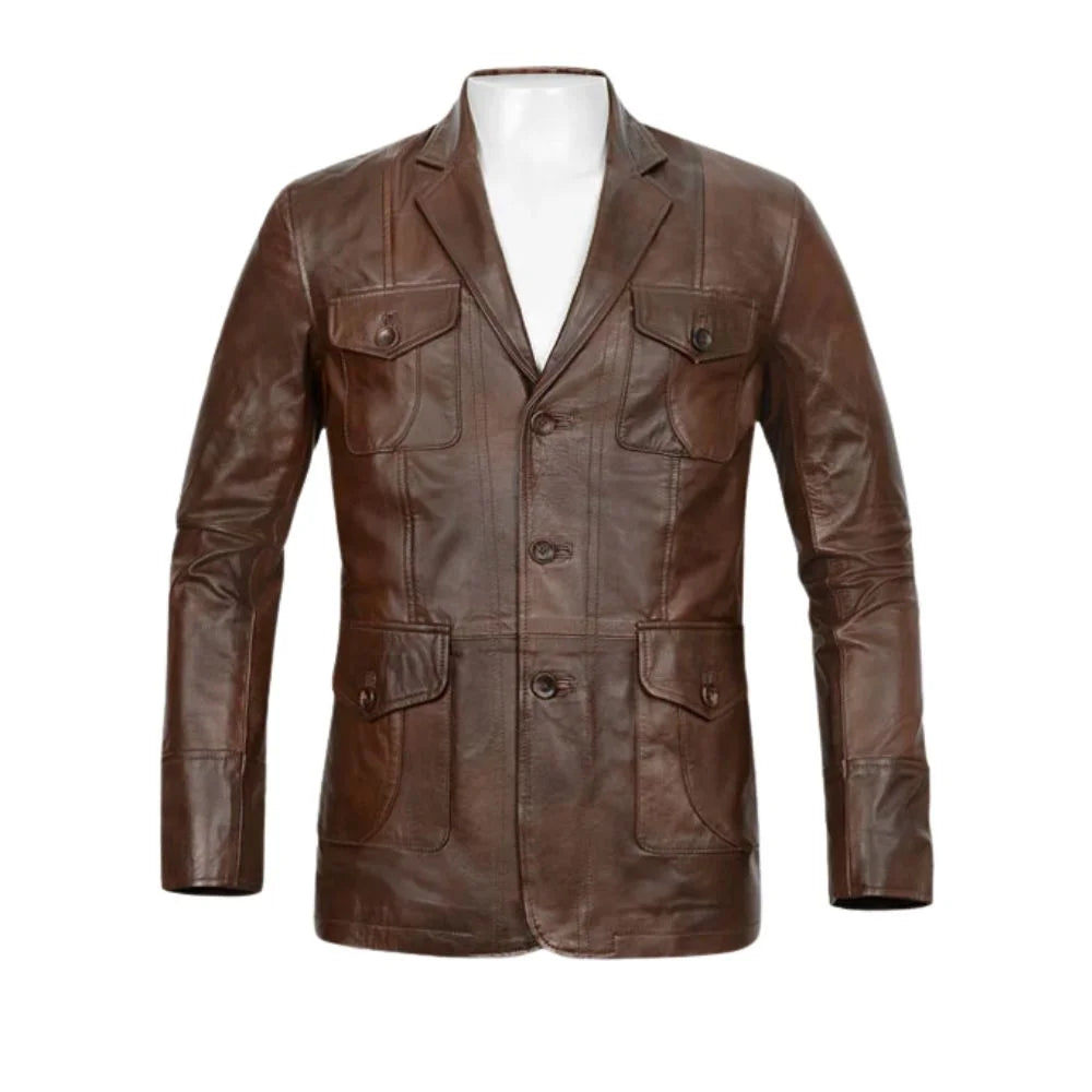 Men’s Four-Pocket Brown Leather Blazer Jacket