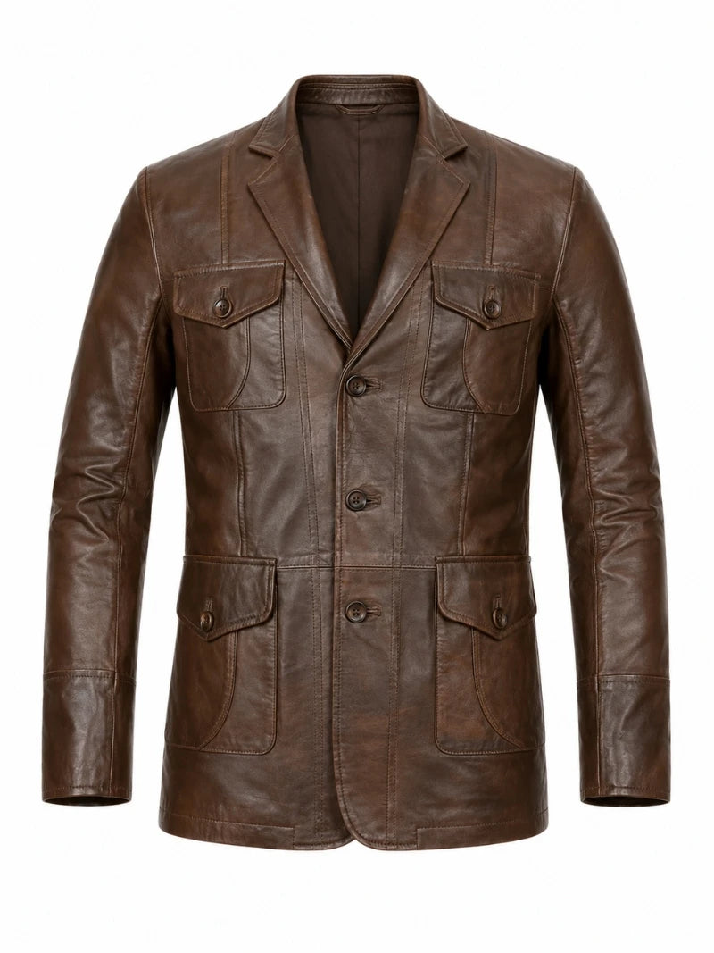 Men’s Four-Pocket Brown Leather Blazer Jacket Front 