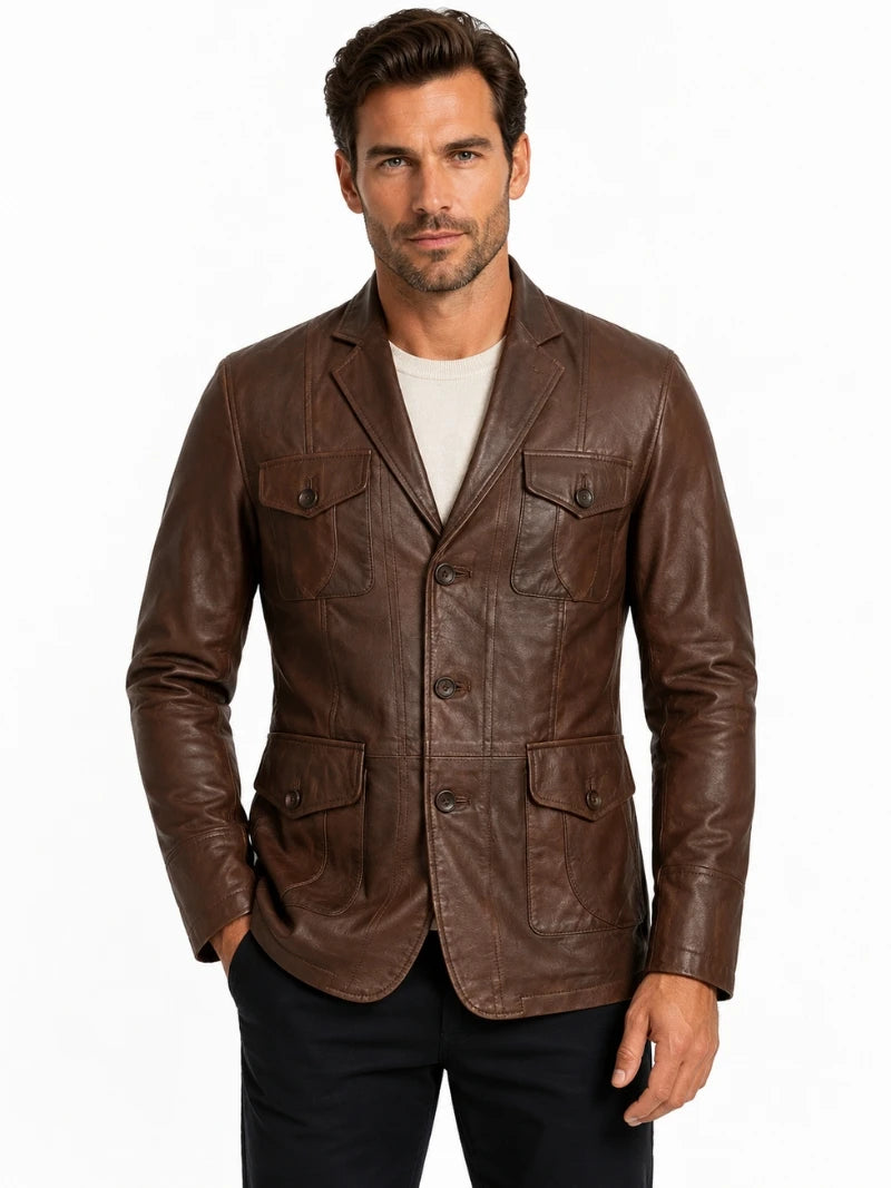 Men’s Four-Pocket Brown Leather Blazer Jacket Full