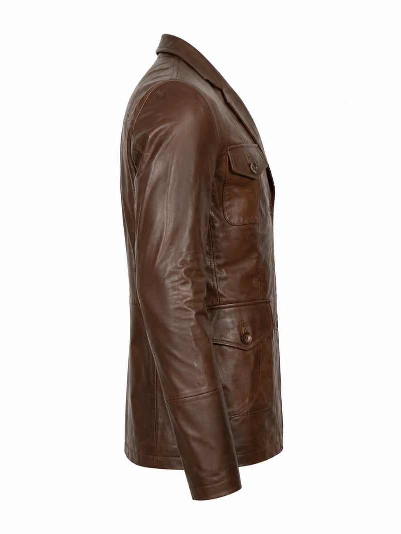 Men’s Four-Pocket Brown Leather Blazer Jacket Right 