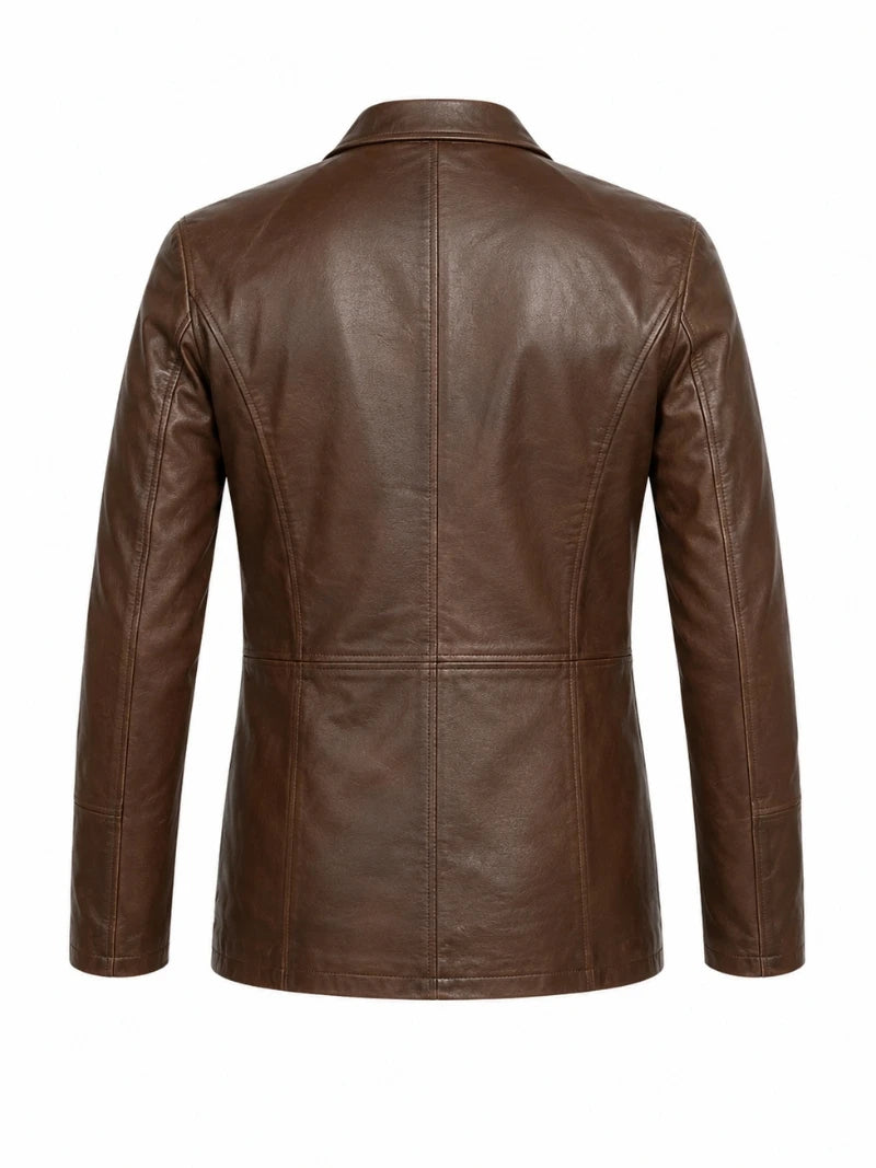 Men’s Four-Pocket Brown Leather Blazer Jacket Back