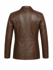 Men’s Four-Pocket Brown Leather Blazer Jacket Back