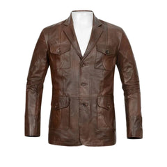 Men’s Four-Pocket Brown Leather Blazer Jacket