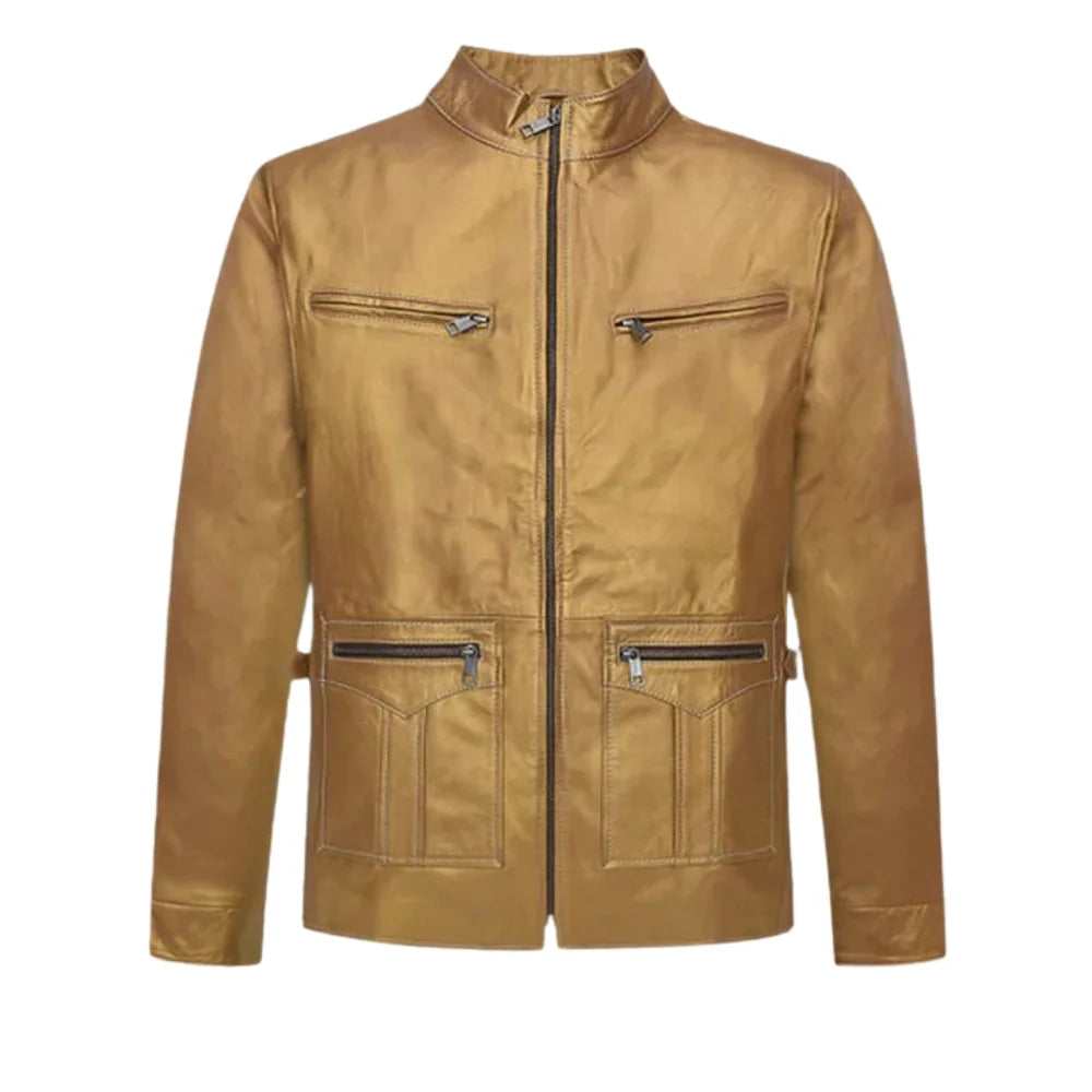 Men’s Golden Tan Leather Jacket with Zippered Pockets