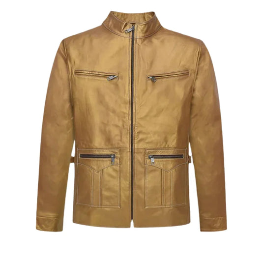 Men’s Golden Tan Leather Jacket with Zippered Pockets