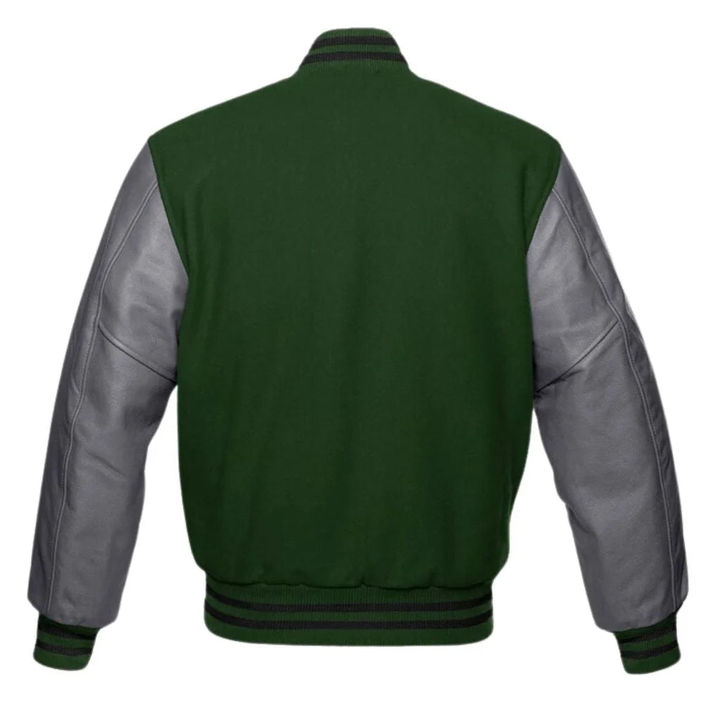 Men's Green Grey Leather Sleeves Baseball Jacket