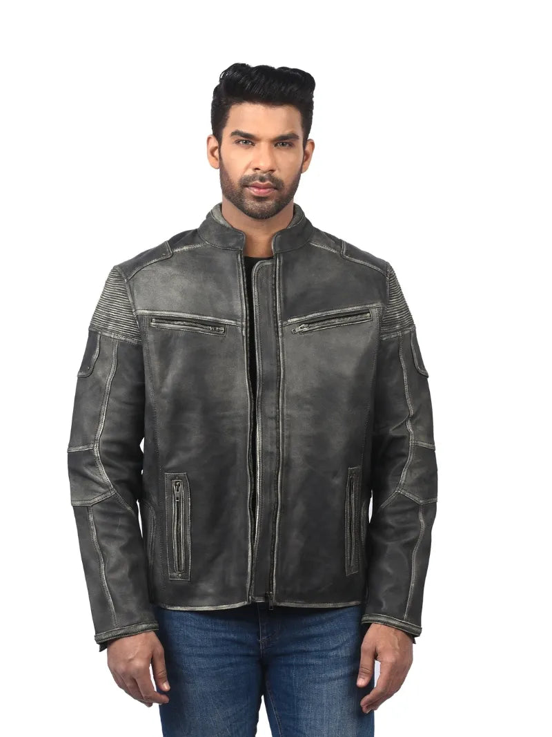 Men’s Grey Leather Jacket with Ribbed Panels Front 