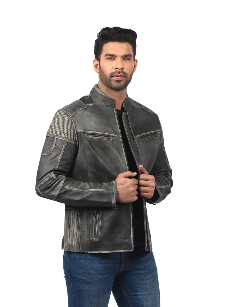 Men’s Grey Leather Jacket with Ribbed Panels Full