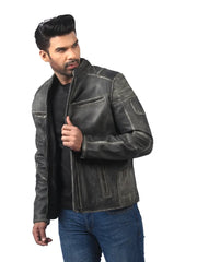 Men’s Grey Leather Jacket with Ribbed Panels Left 