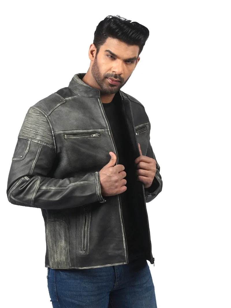 Men’s Grey Leather Jacket with Ribbed Panels Right 