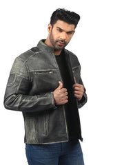 Men’s Grey Leather Jacket with Ribbed Panels Right 