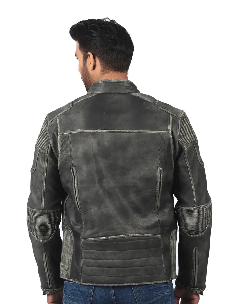Men’s Grey Leather Jacket with Ribbed Panels Back 