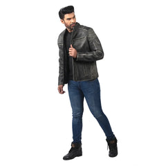 Men’s Grey Leather Zip Front Jacket