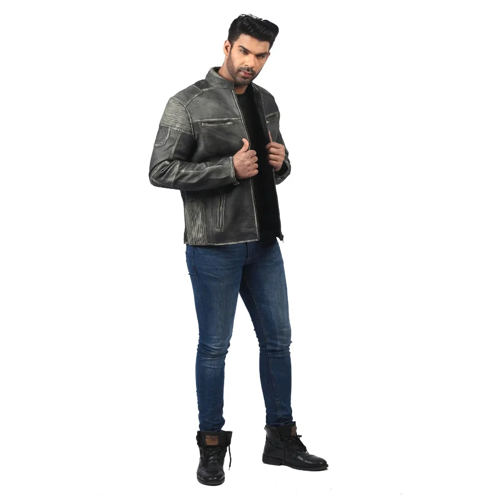 Men’s Grey Leather Zip Front Jacket