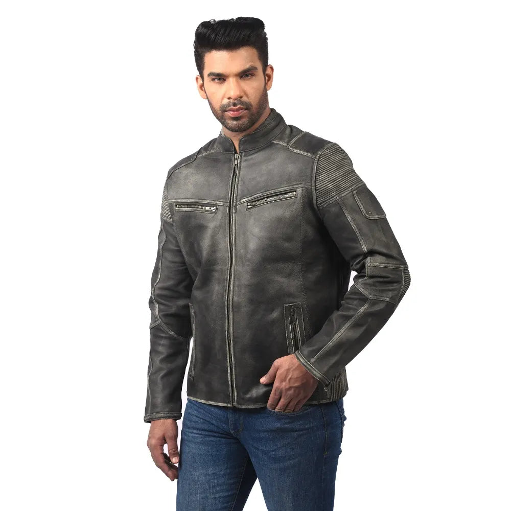 Men’s Grey Leather Zip Front Jacket