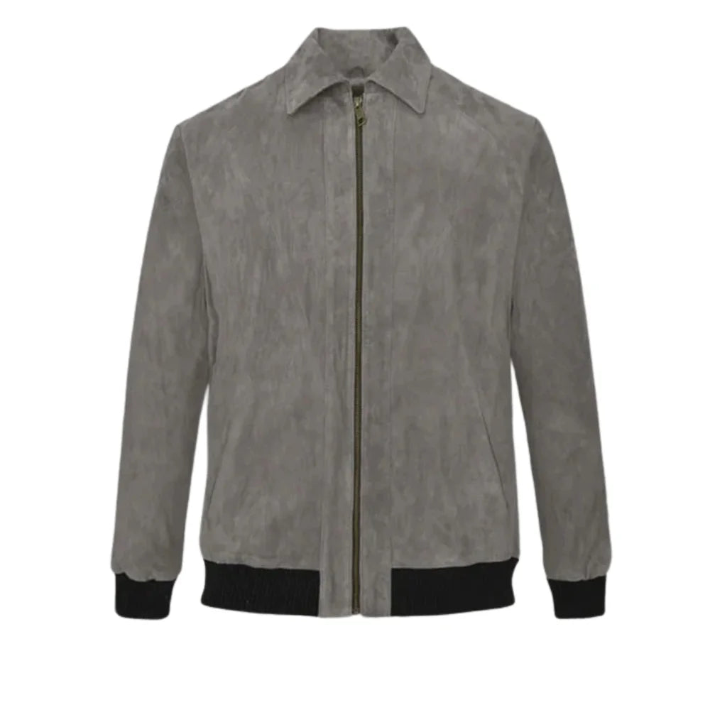 Men’s Grey Suede Leather Bomber Jacket