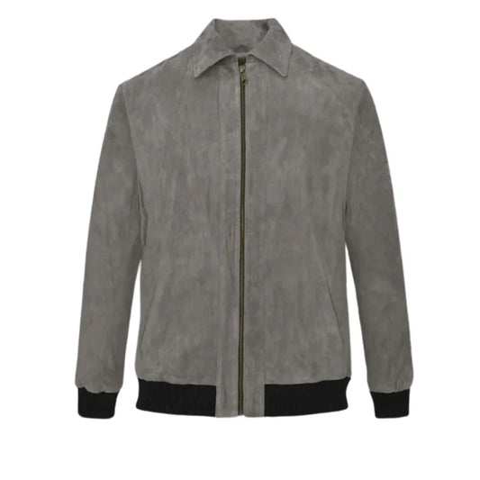 Men’s Grey Suede Leather Bomber Jacket