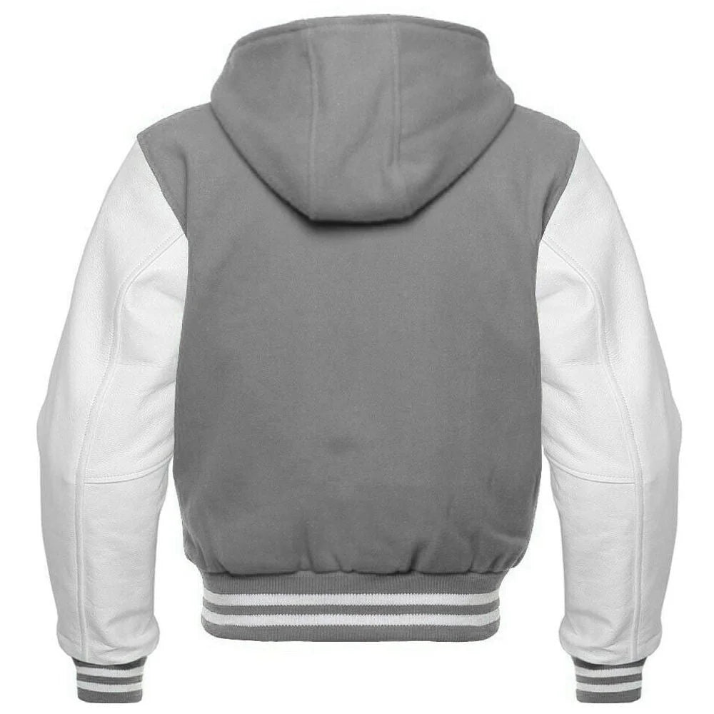 Men's Grey and White Hooded Varsity Jacket