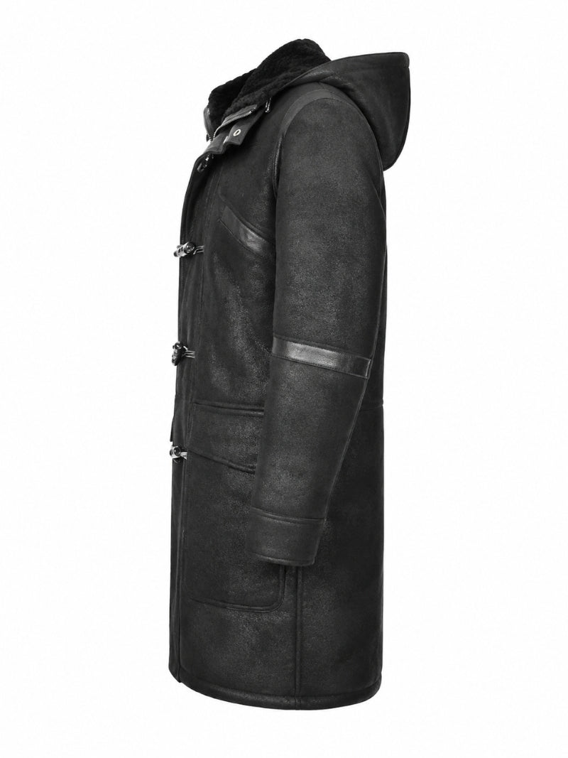 Men's Leather Black Winter Duffle Coat