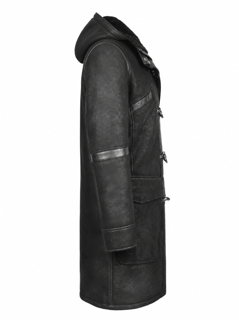 Men's Leather Black Winter Duffle Coat