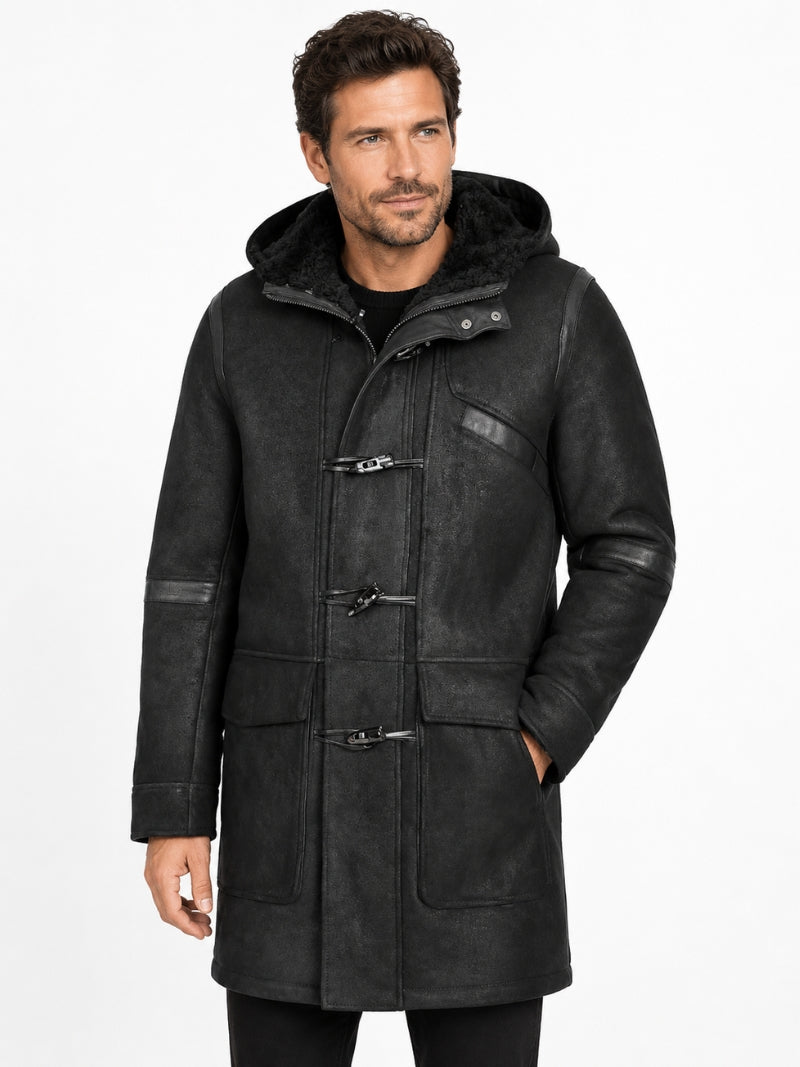 Men's Leather Black Winter Duffle Coat