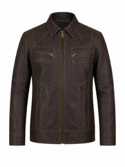 Men’s Leather Shirt Collar Jacket Front 