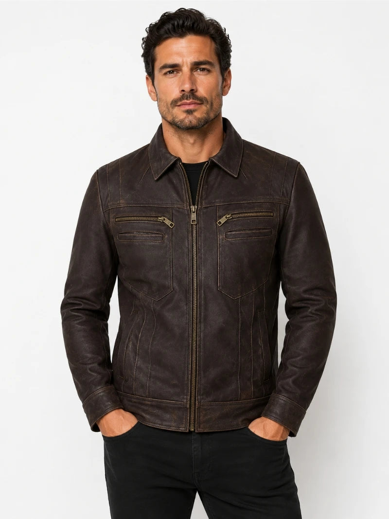 Men’s Leather Shirt Collar Jacket Full