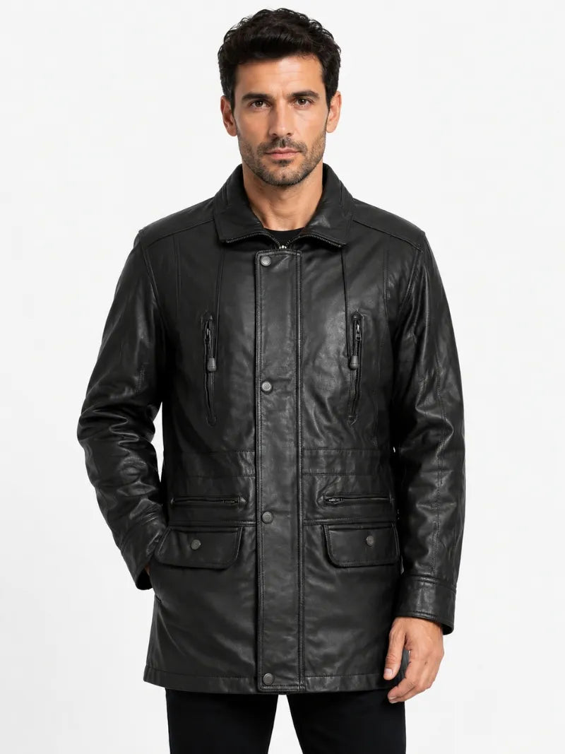 Men's Leather Winter Short Length Black Coat