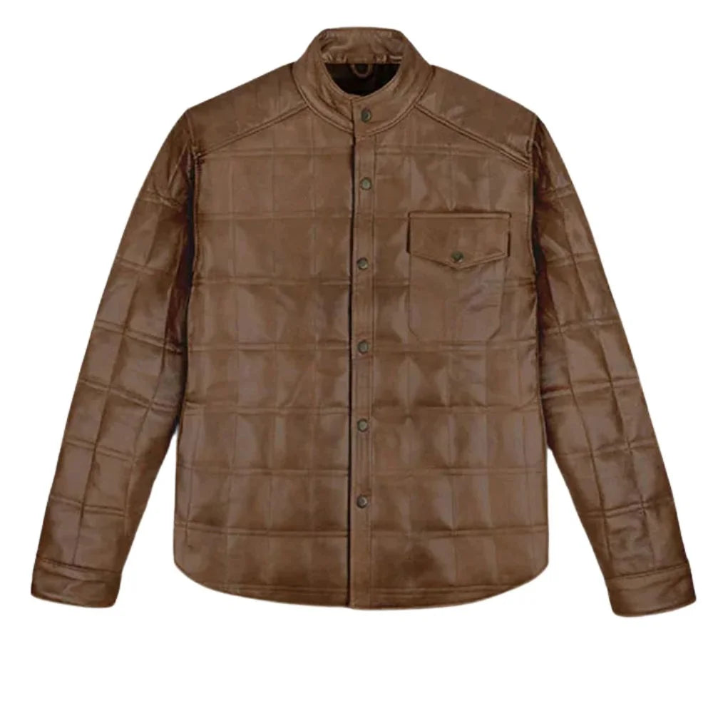 Men’s Light Brown Quilted Leather Shirt Jacket