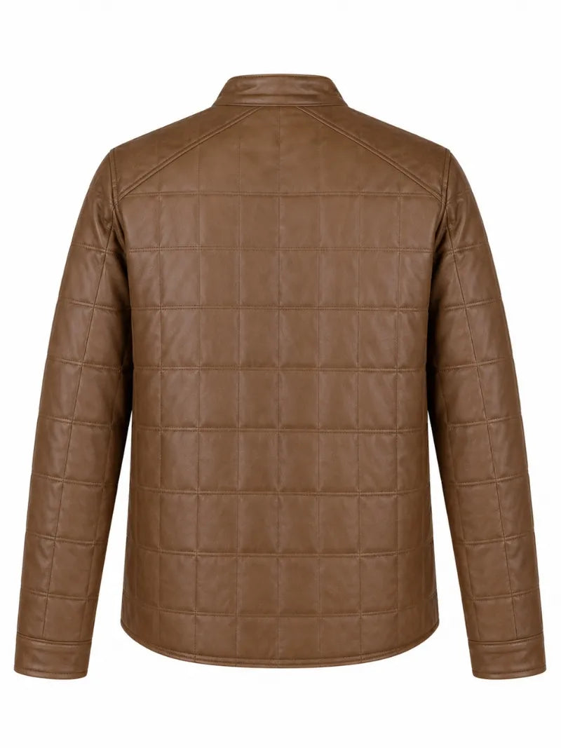 Men’s Light Brown Quilted Leather Shirt Jacket Back 