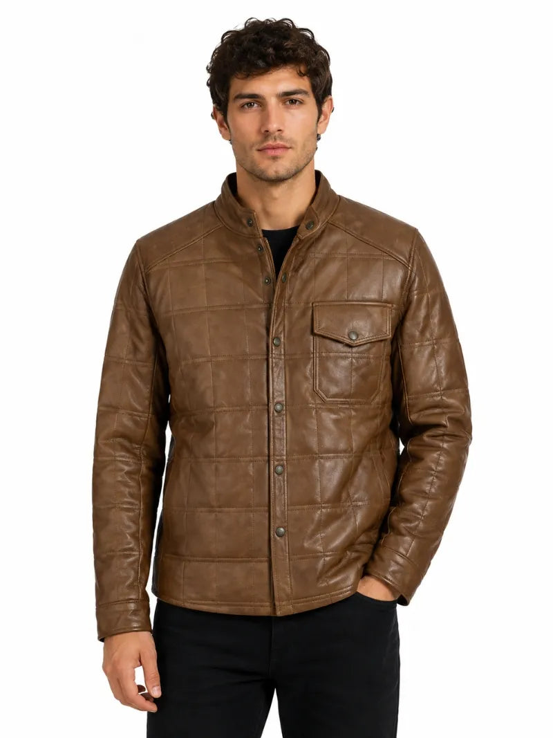 Men’s Light Brown Quilted Leather Shirt Jacket Full