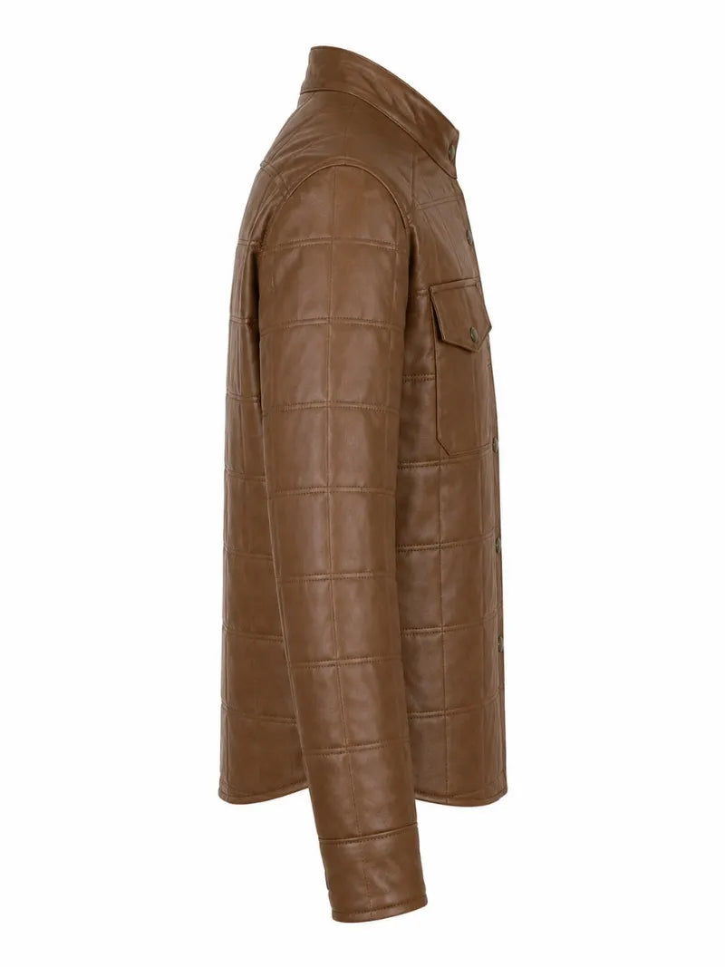 Men’s Light Brown Quilted Leather Shirt Jacket Right 