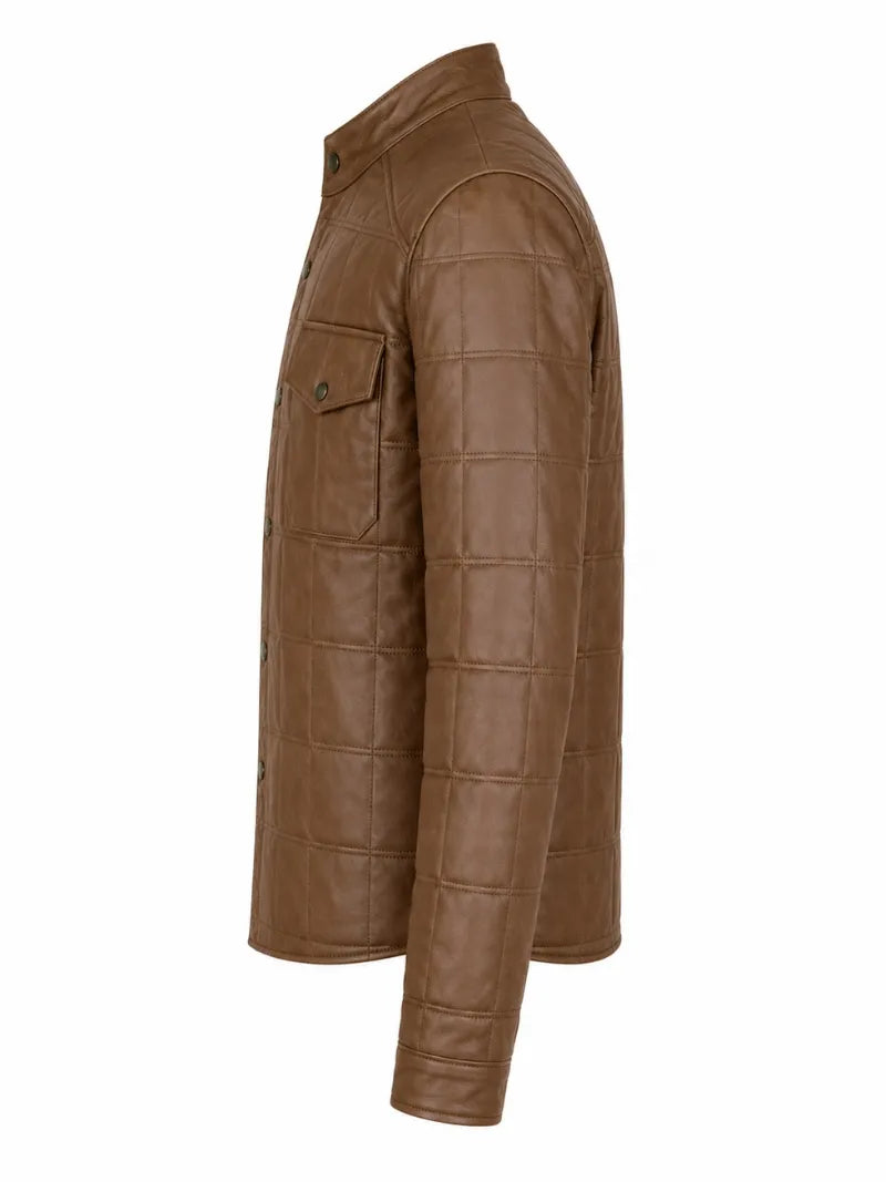 Men’s Light Brown Quilted Leather Shirt Jacket Left