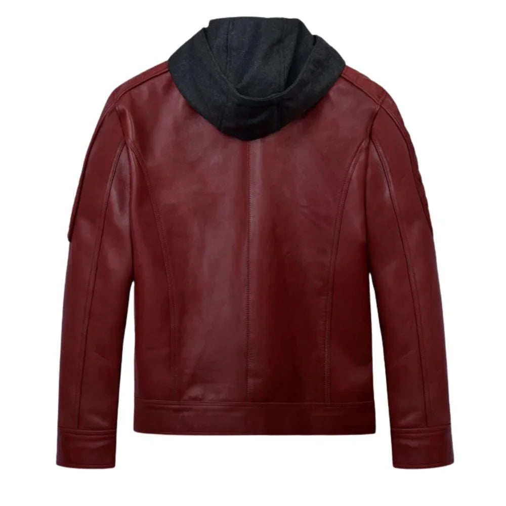 Men’s Maroon Hooded Leather Jacket