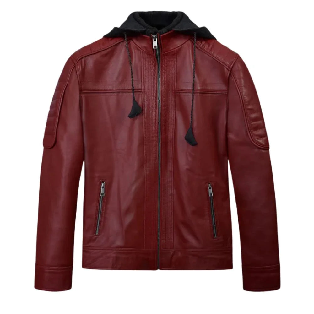 Men’s Maroon Hooded Leather Jacket