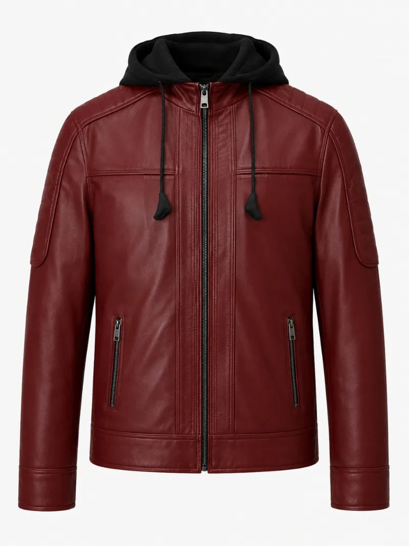 Men’s Maroon Hooded Leather Jacket Front 