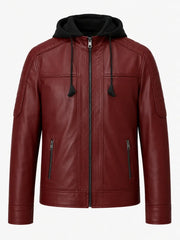 Men’s Maroon Hooded Leather Jacket Front 